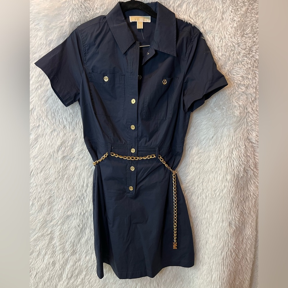 Navy Blue Shirt Dress with Gold Chain by Michael Kors